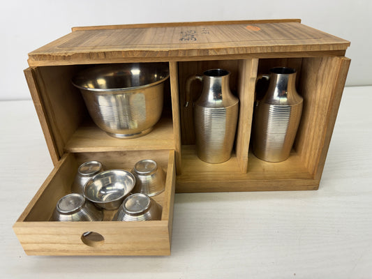 Y10275 CHOUSHI Tin Tokkuri Sake bottle cup set signed box Japan antique sakazuki