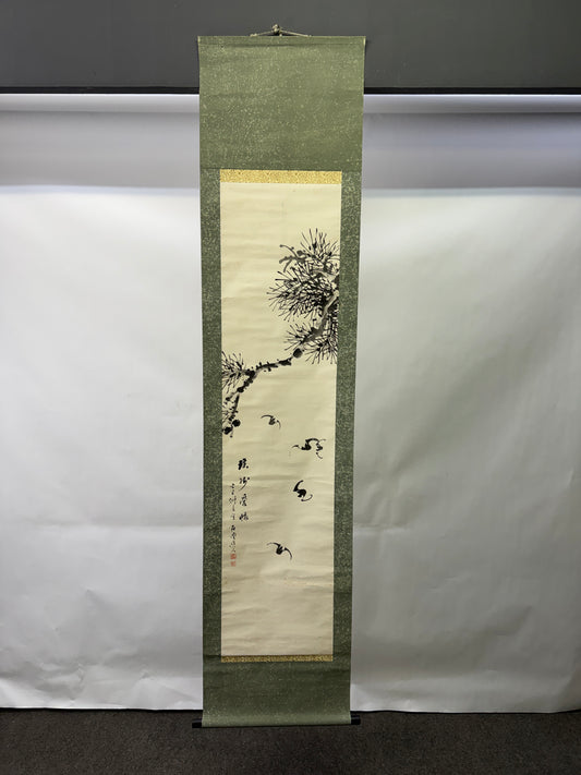 Y10276 KAKEJIKU Hanging scroll Pine Bat signed Japan antique interior wall decor