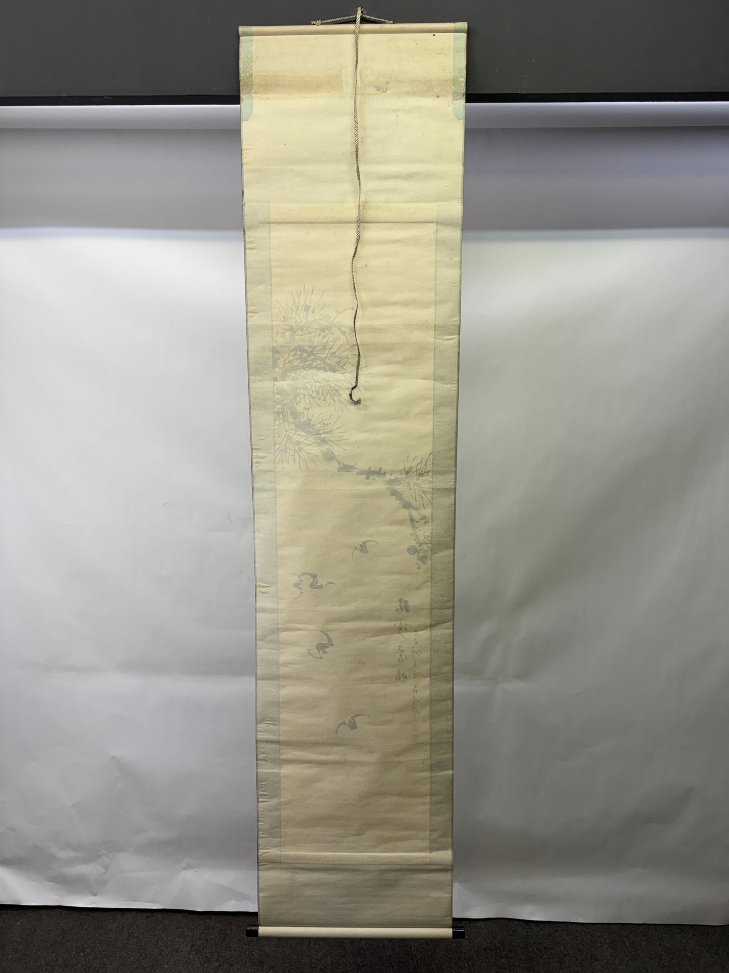 Y10276 KAKEJIKU Hanging scroll Pine Bat signed Japan antique interior wall decor