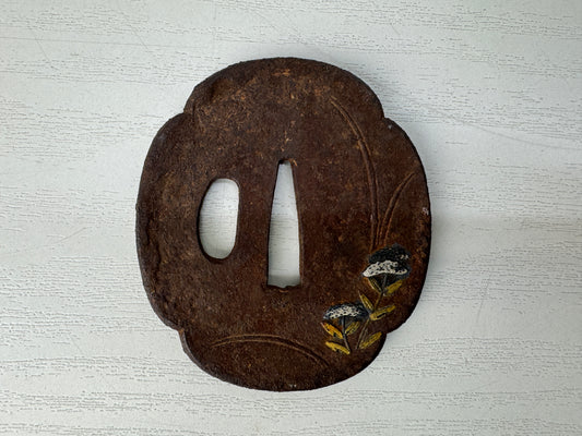 Y10289 TSUBA Iron sword guard gold silver inlay Japan samurai katana antique edo