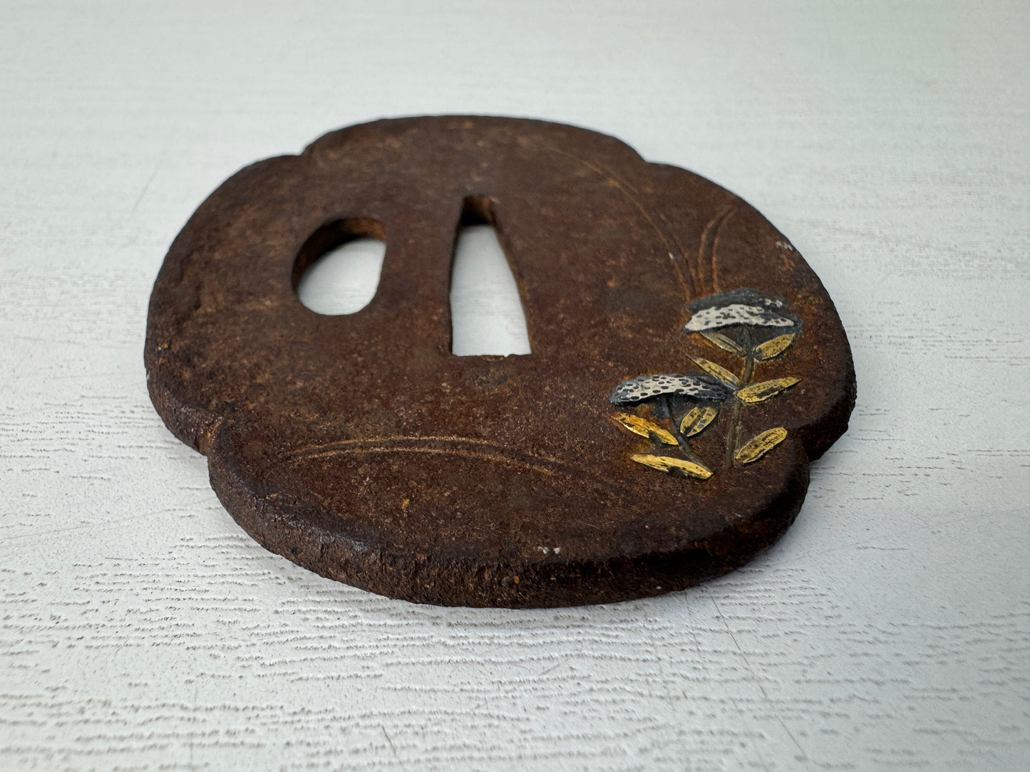Y10289 TSUBA Iron sword guard gold silver inlay Japan samurai katana antique edo