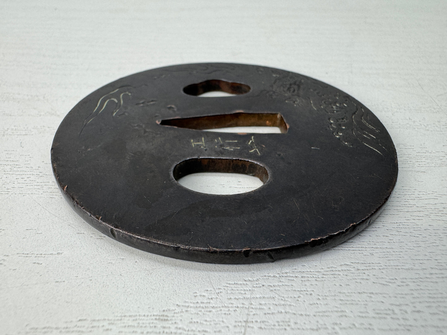 Y10291 TSUBA sword guard signed Tiger engraving Japan samurai katana antique edo
