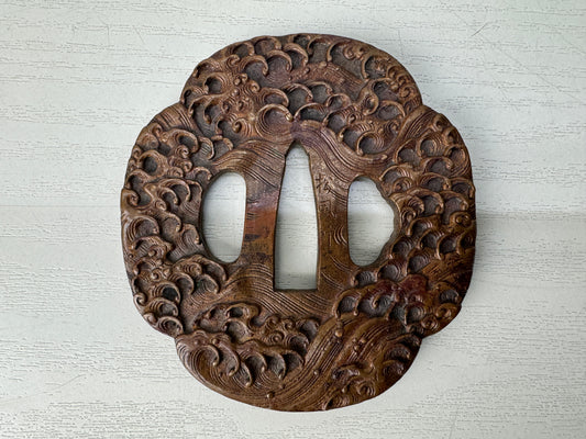 Y10292 TSUBA Iron sword guard sgined Japan samurai katana antique koshirae edo