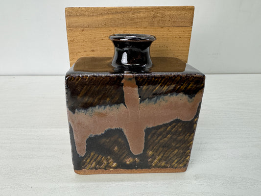 Y10299 FLOWER VASE Mashiko-ware flattened Henko signed box Inlay Japan antique