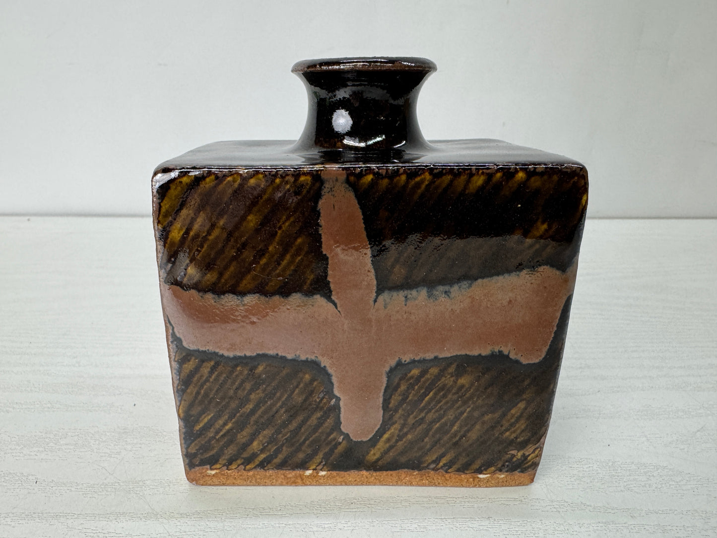 Y10299 FLOWER VASE Mashiko-ware flattened Henko signed box Inlay Japan antique