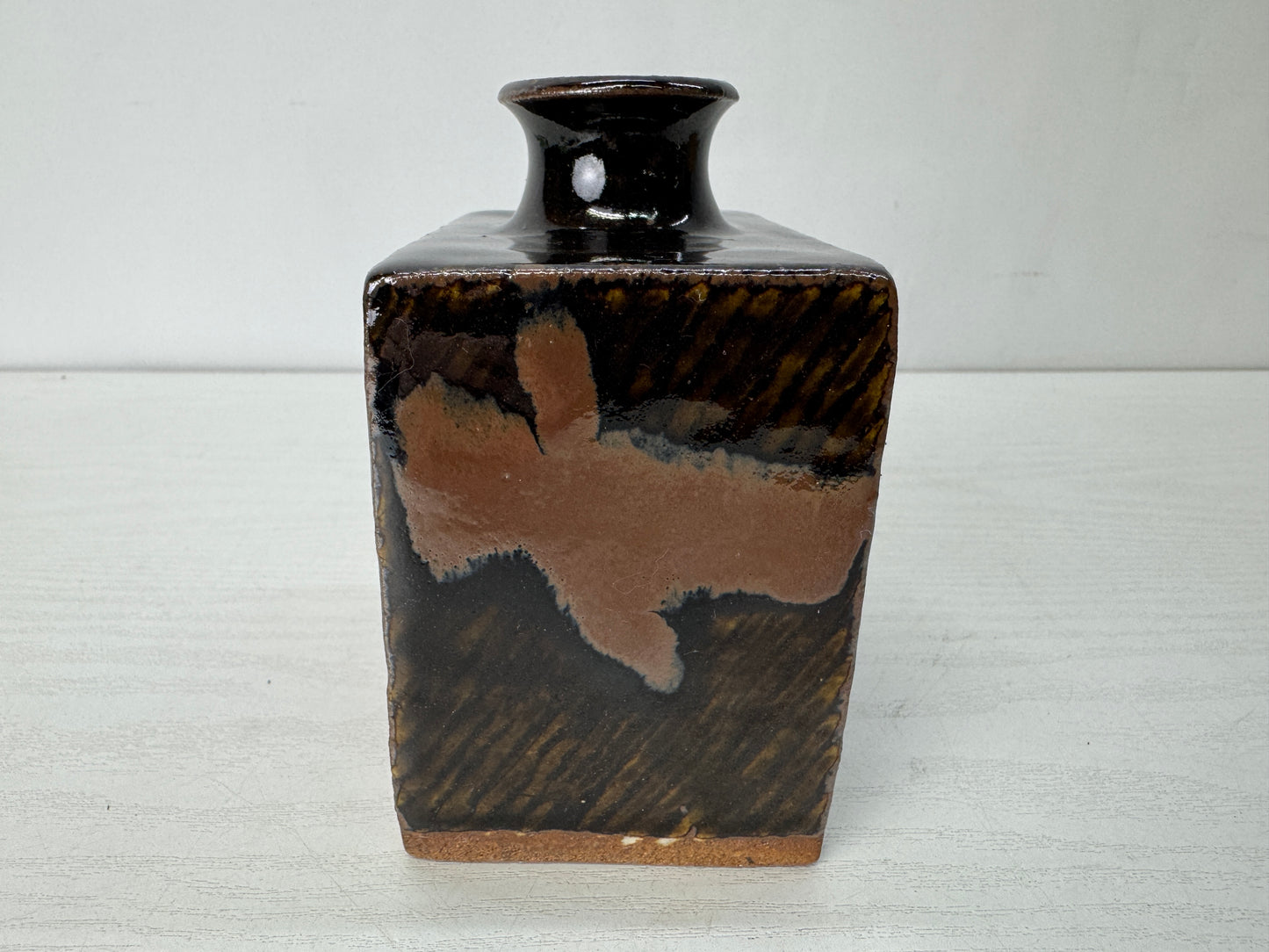 Y10299 FLOWER VASE Mashiko-ware flattened Henko signed box Inlay Japan antique