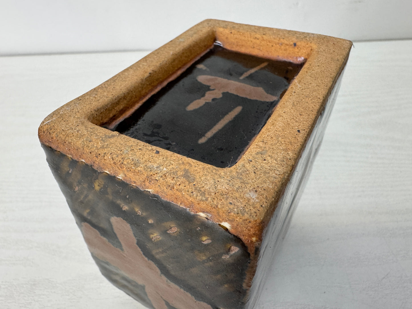 Y10299 FLOWER VASE Mashiko-ware flattened Henko signed box Inlay Japan antique