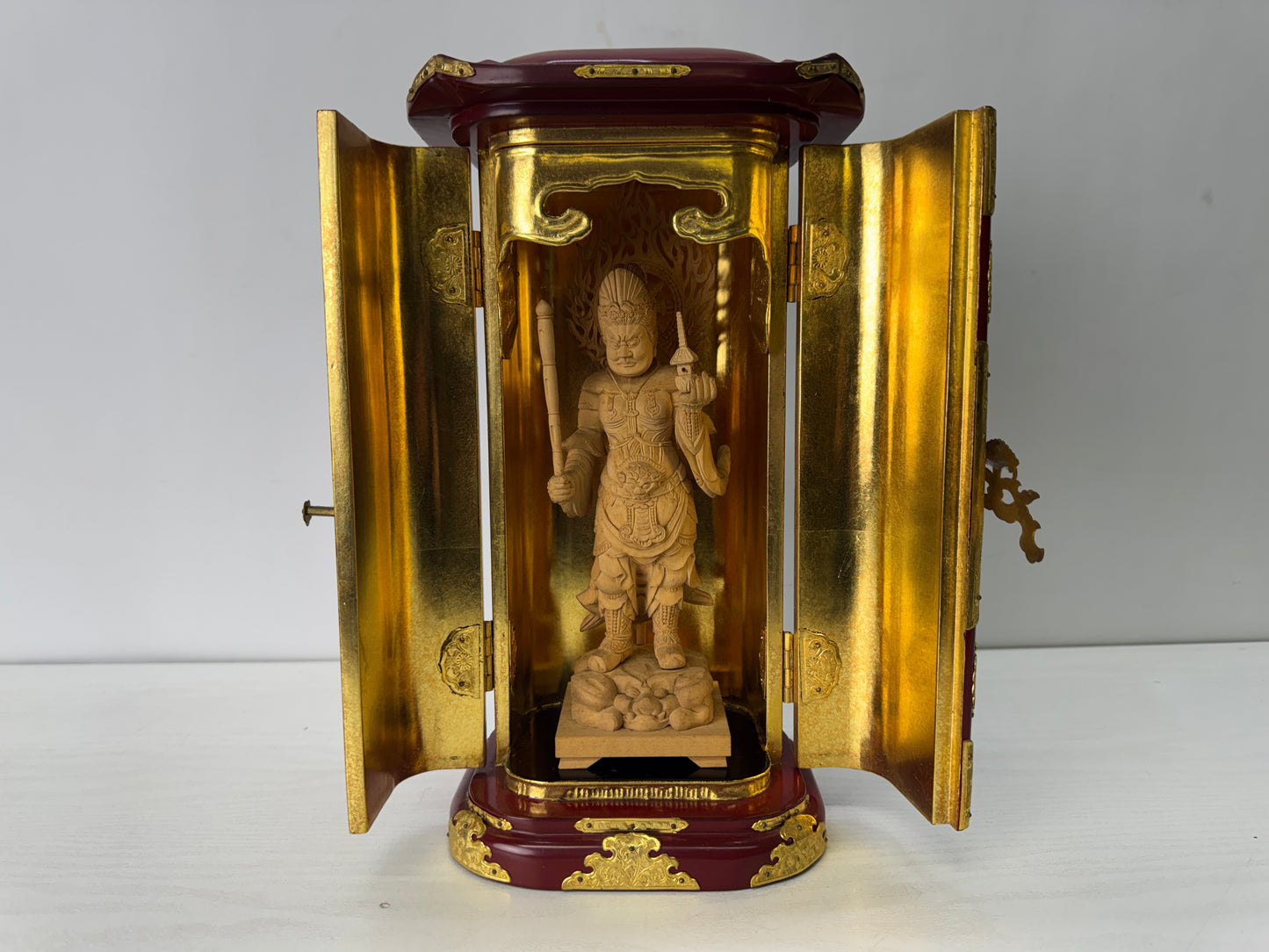 Y10308 STATUE plain wood carving Bishamonten Vaisravana Japan antique Buddha