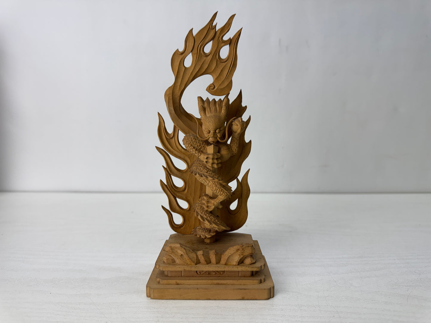 Y10310 STATUE plain wood carving Gurikara Fudoson Japan antique Buddha figure