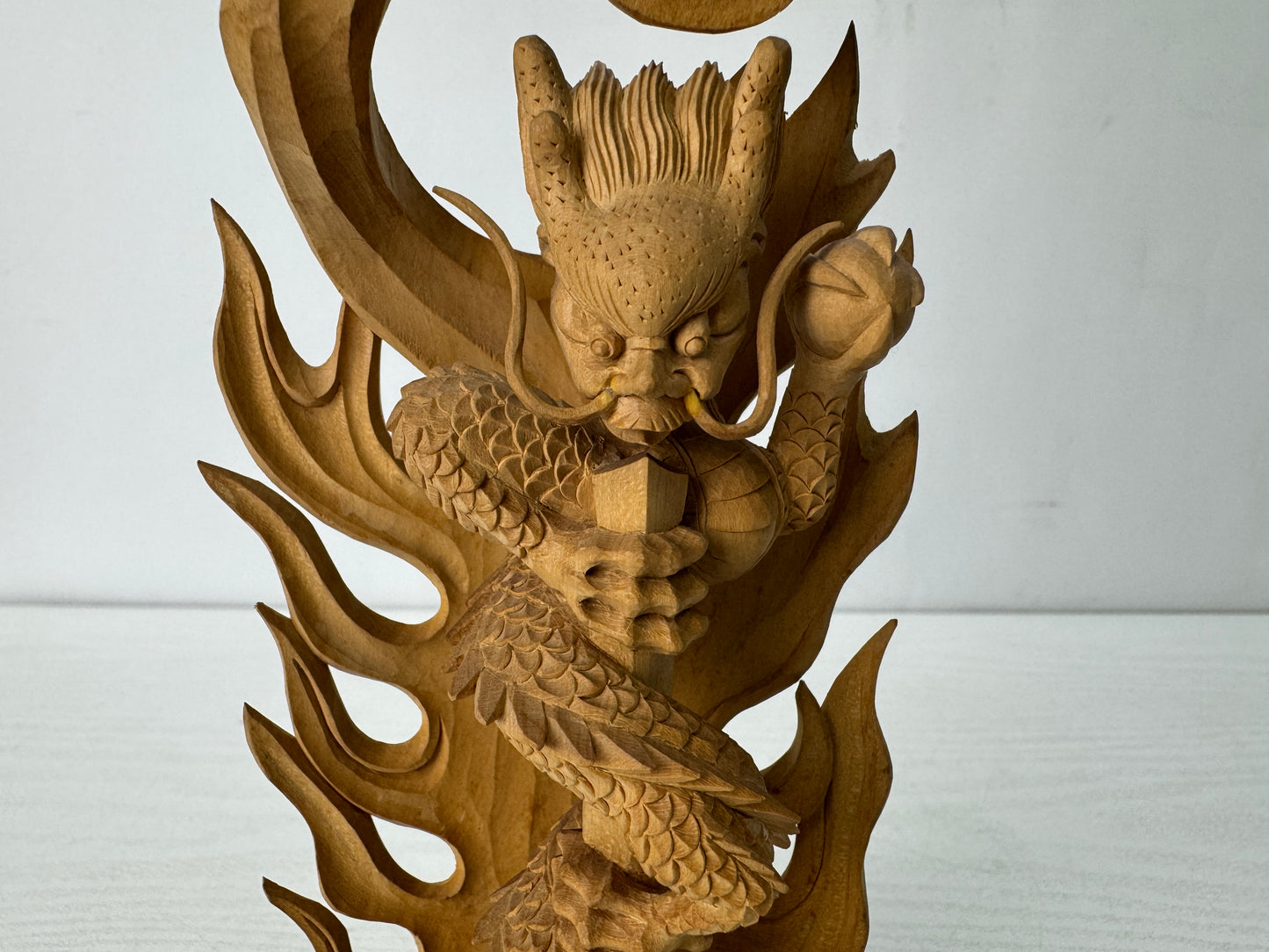 Y10310 STATUE plain wood carving Gurikara Fudoson Japan antique Buddha figure