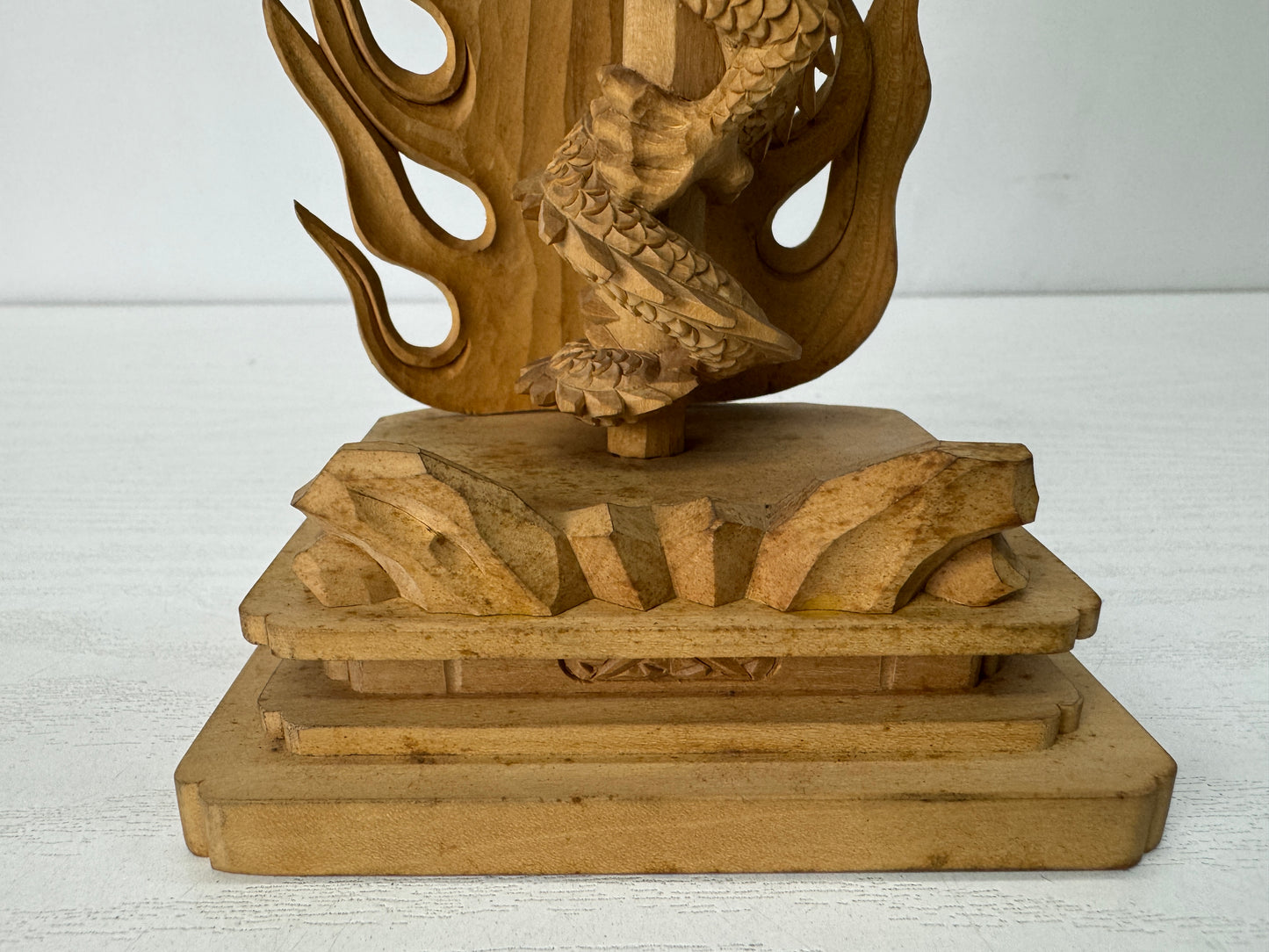 Y10310 STATUE plain wood carving Gurikara Fudoson Japan antique Buddha figure