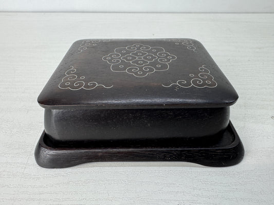 Y10318 BOX Karaki wood accessory case stand silver inlay Japan antique storage