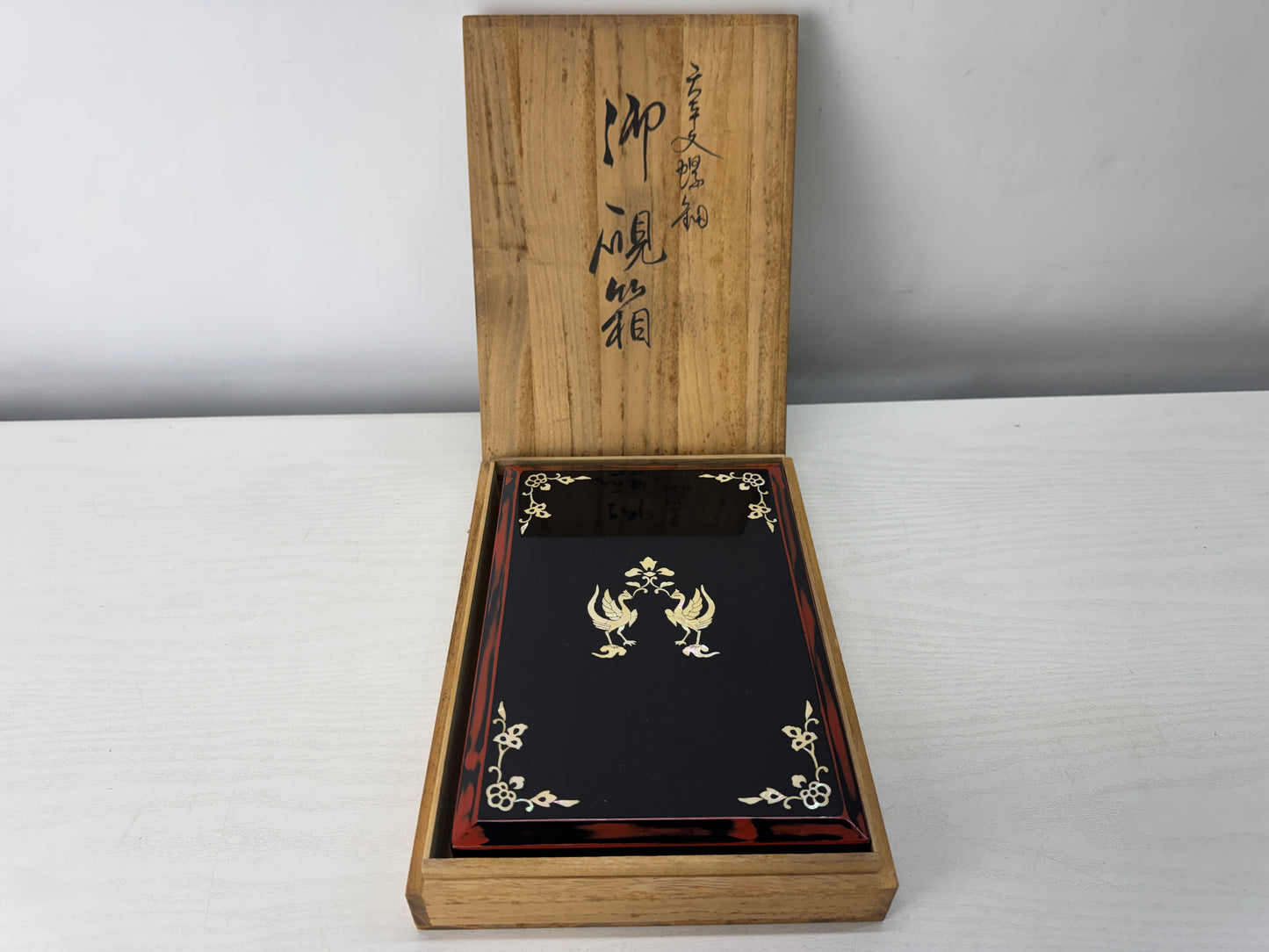 Y10320 BOX Makie Suzuri inkstone case signed Phoenix Japan antique container
