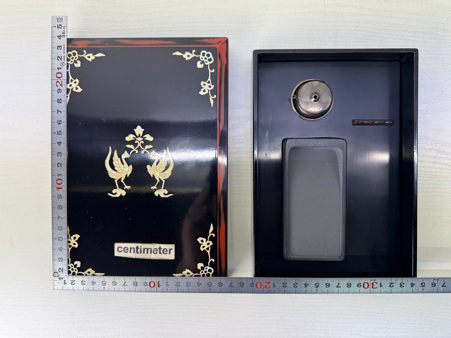 Y10320 BOX Makie Suzuri inkstone case signed Phoenix Japan antique container