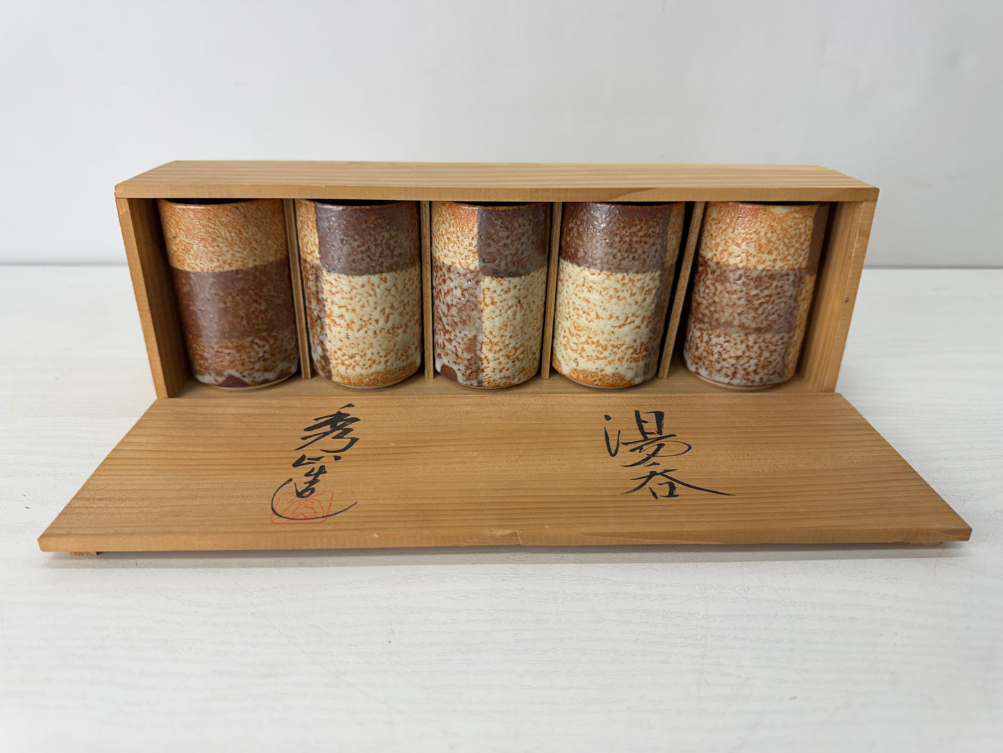 Y10327 YUNOMI Shino-ware teacup set of 5 signed box Japan antique tea ceremony