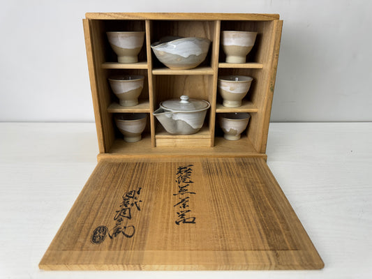 Y10329 KYUSU Hagi-ware Sencha tea pot cup set signed box Japan antique teapot