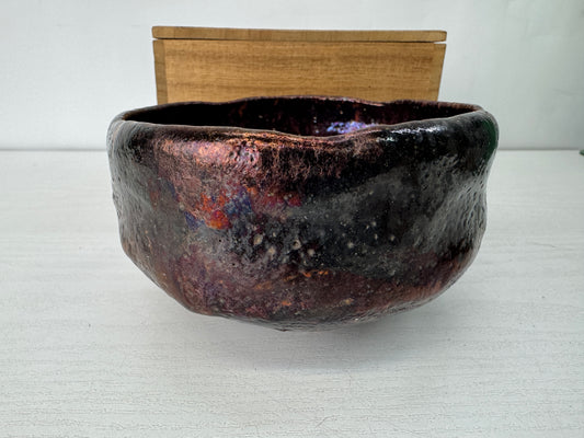 Y10332 CHAWAN Raku-ware bowl signed box Japan antique tea ceremony pottery cup