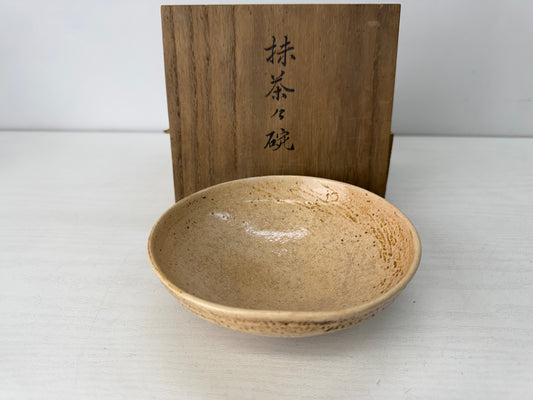 Y10335 CHAWAN Mino-ware flat bowl signed box Japan antique tea ceremony pottery