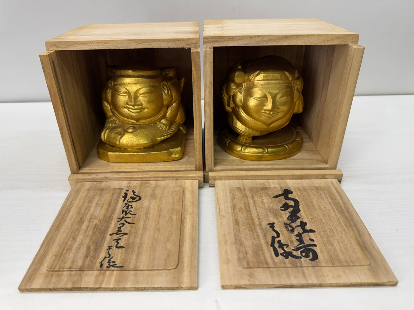 Y10340 STATUE Bronze figurine Ebisu Daikoku signed box Japan antique interior