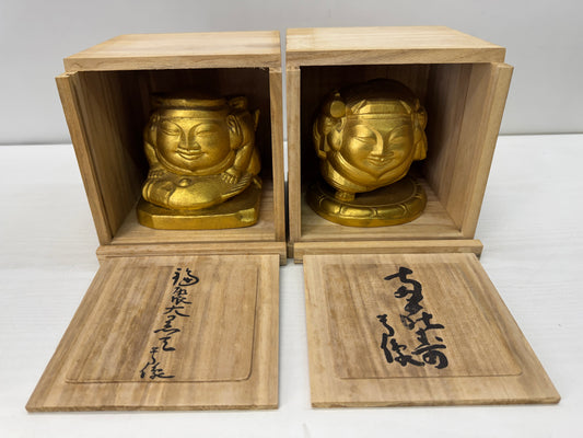 Y10340 STATUE Bronze figurine Ebisu Daikoku signed box Japan antique interior