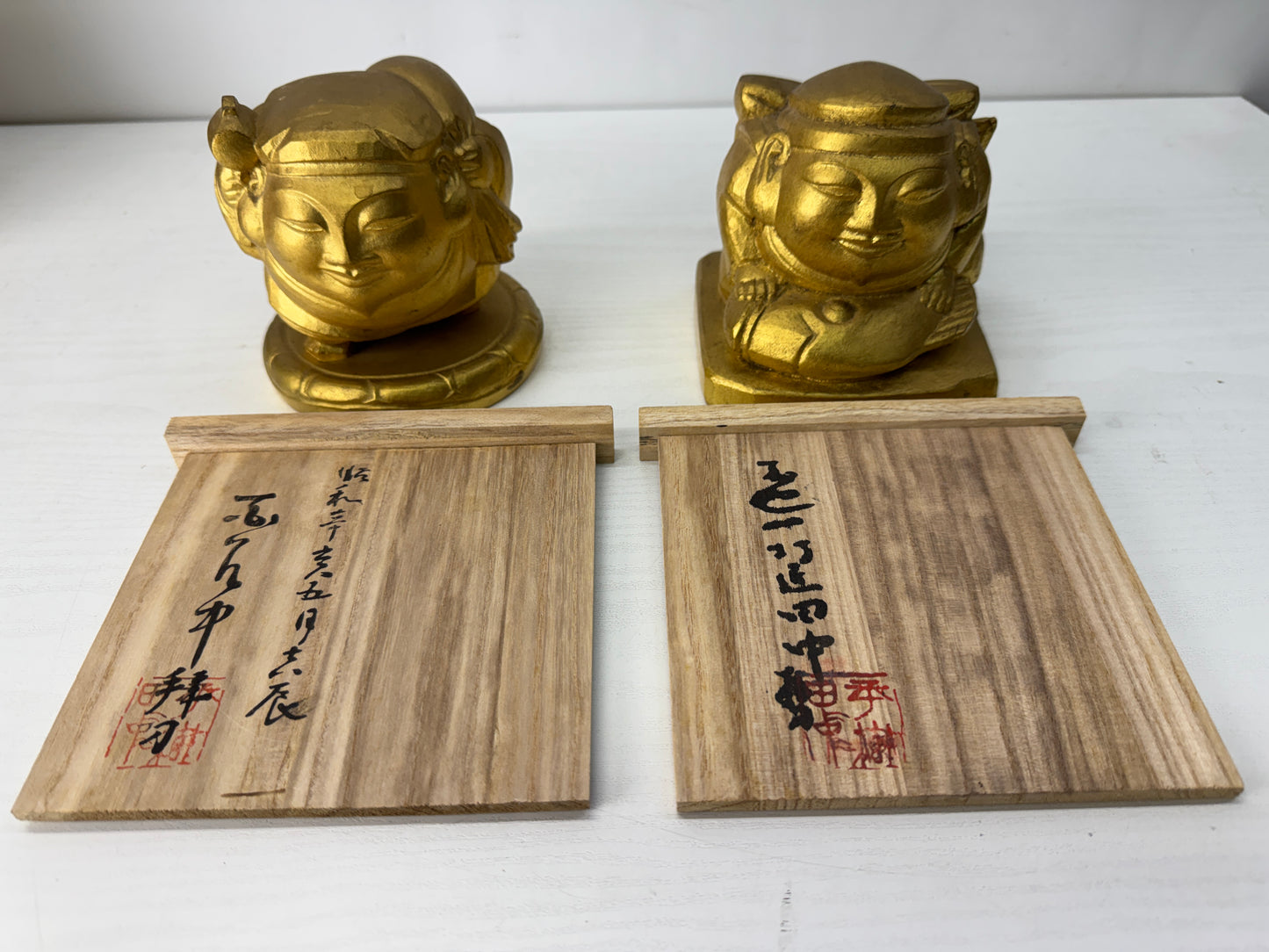 Y10340 STATUE Bronze figurine Ebisu Daikoku signed box Japan antique interior