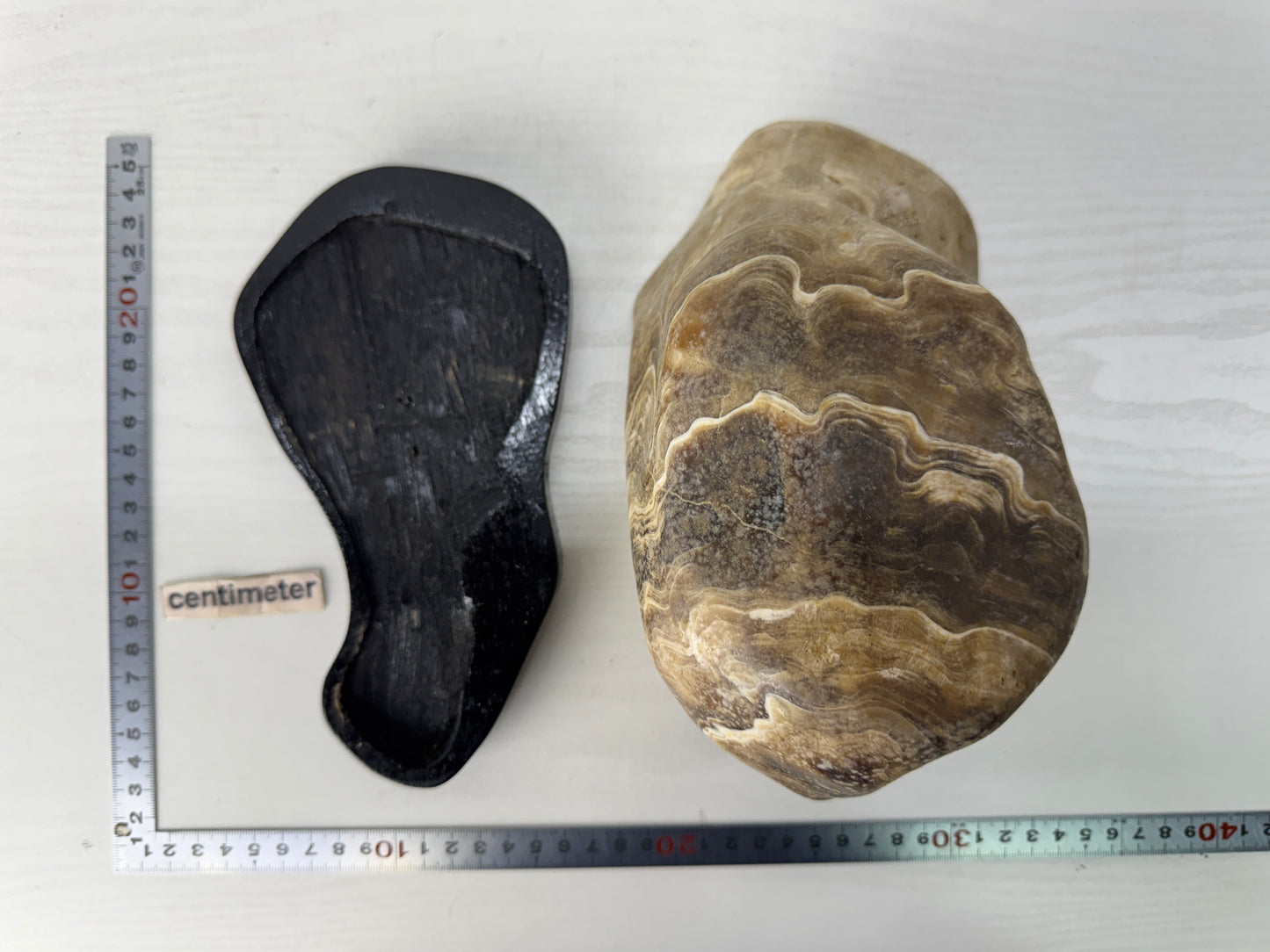 Y10347 OKIMONO Striped Agate natural viewing stone wooden stand Japan antique
