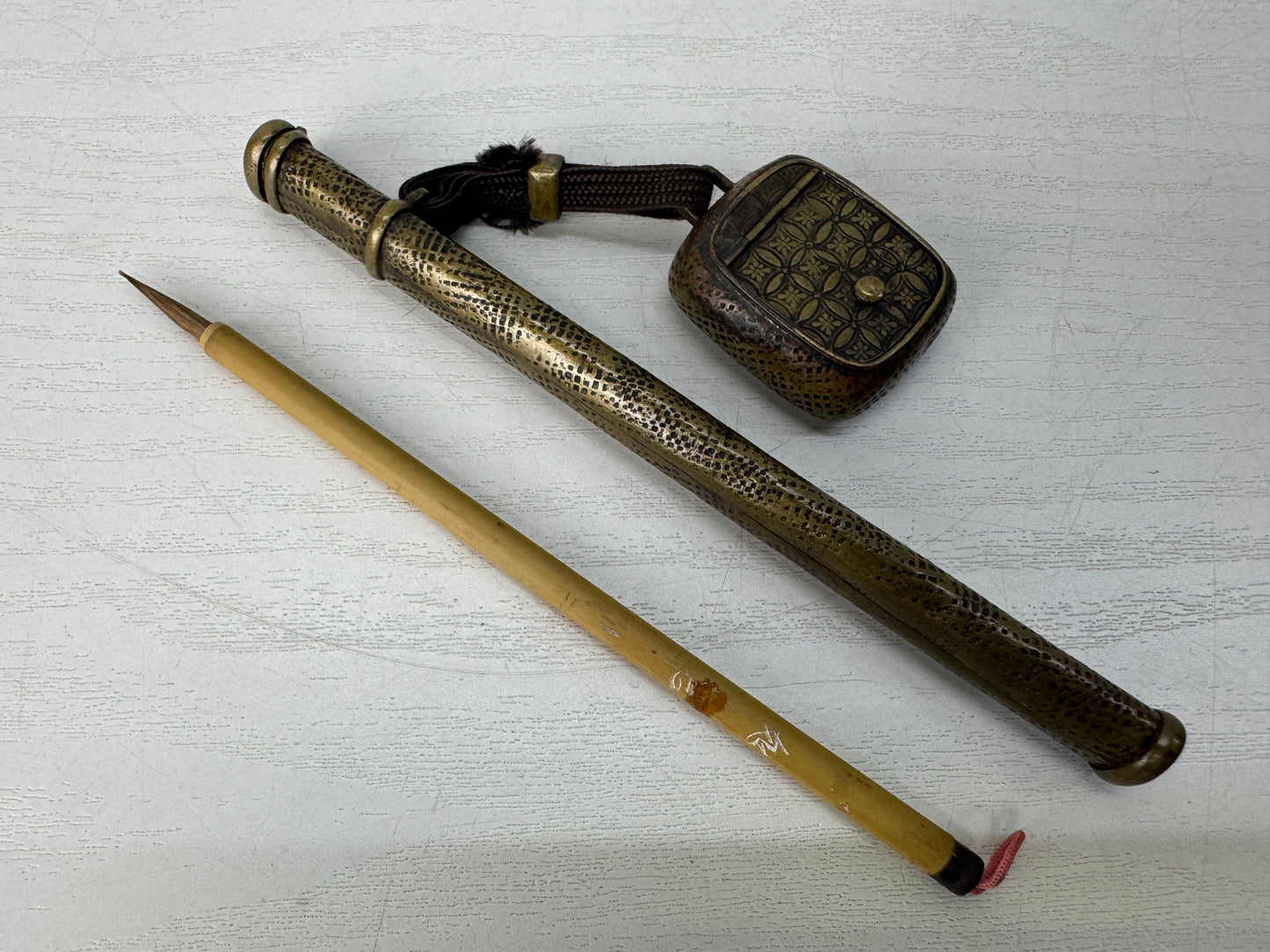 Y10358 YATATE Cloisonne openwork Japanese Ink Pen Holder antique Brush & Inkwell