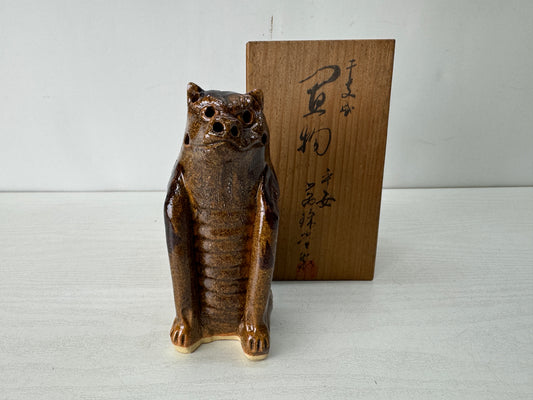 Y10383 OKIMONO Kyo-ware Komainu figurine signed box Japan antique figure decor