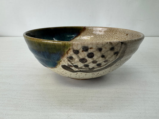 Y10391 CHAWAN Oribe-ware flat bowl signed Japan antique tea ceremony pottery cup