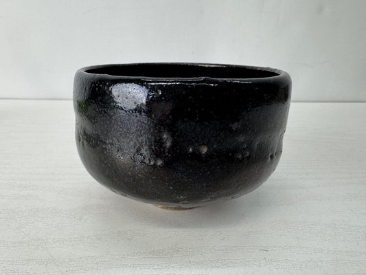 Y10394 CHAWAN Raku-ware black bowl signed Japan antique tea ceremony pottery cup