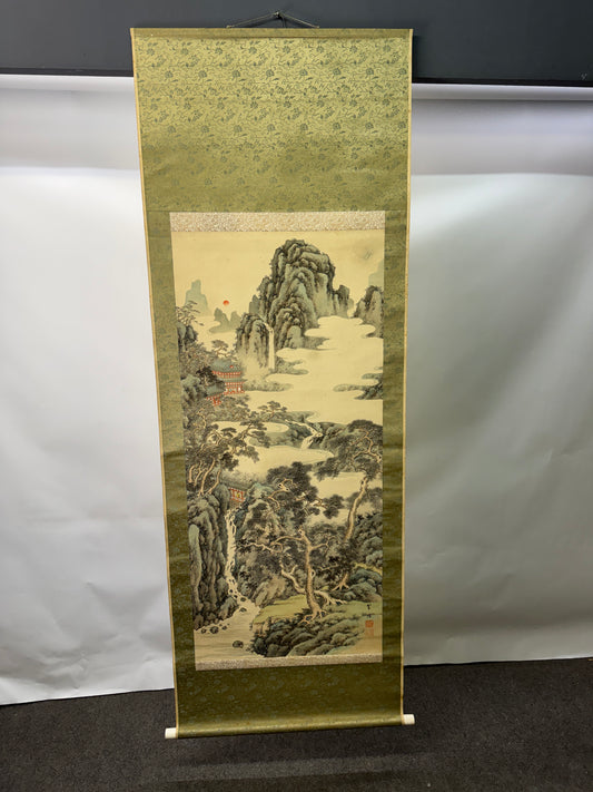 Y10399 KAKEJIKU Hanging scroll Pavilion Landscape signed box Japan antique decor