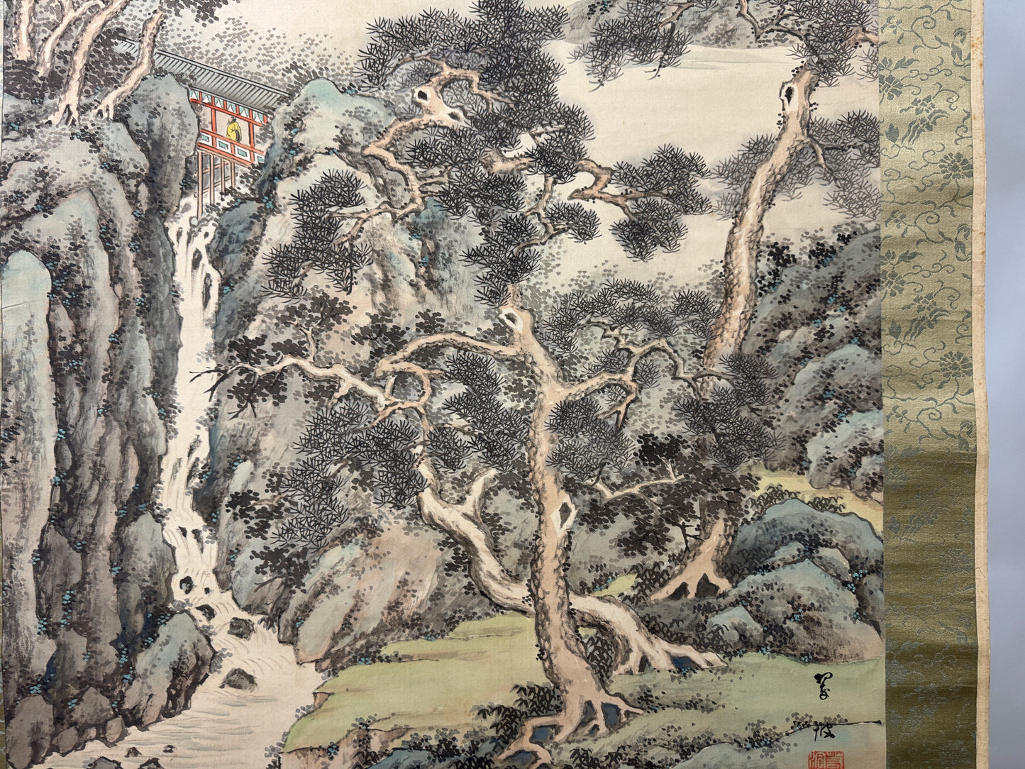 Y10399 KAKEJIKU Hanging scroll Pavilion Landscape signed box Japan antique decor