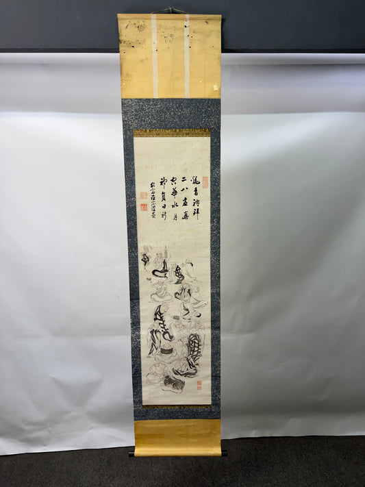 Y10402 KAKEJIKU Hanging scroll 16 Arhats signed Japan antique interior decor