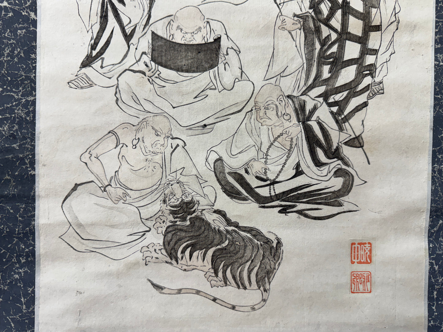 Y10402 KAKEJIKU Hanging scroll 16 Arhats signed Japan antique interior decor