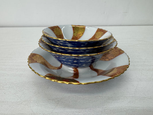 Y10414 CHAWAN Kyo-ware 3-tiered Sake cup stand signed Japan antique sakazuki