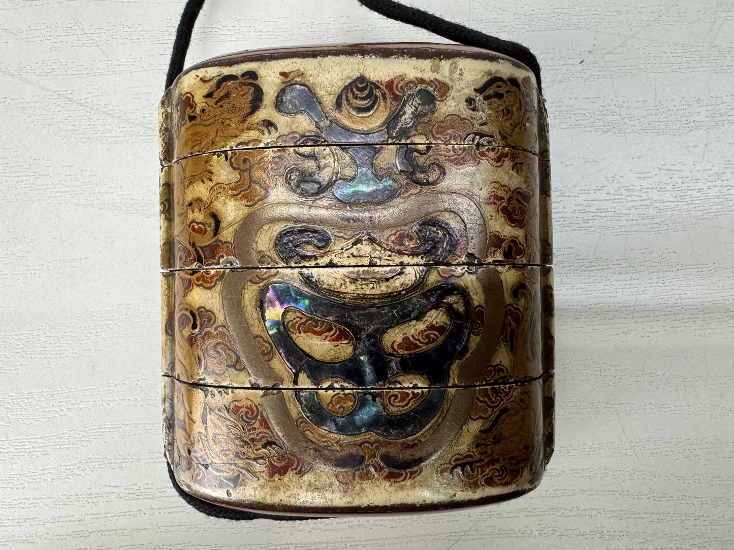 Y10437 INROU Makie Pill box case Cloud Dragon Japan antique kimono accessory