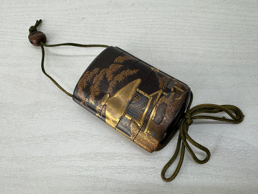 Y10438 INROU Makie Pill box case Pavilion Bamboo Japan antique kimono accessory