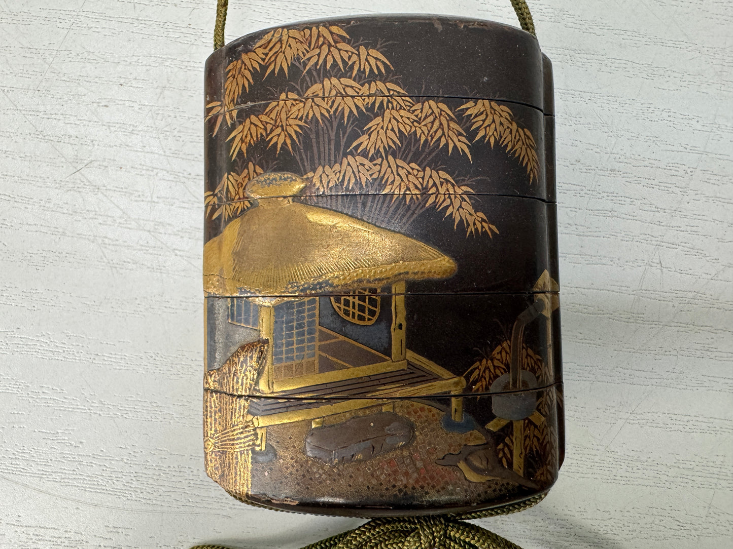 Y10438 INROU Makie Pill box case Pavilion Bamboo Japan antique kimono accessory