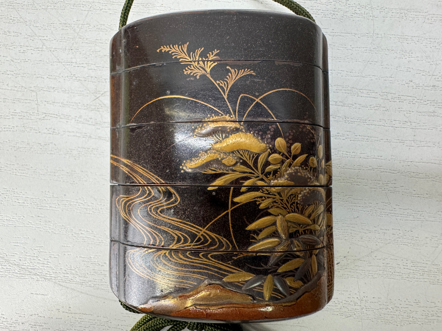 Y10438 INROU Makie Pill box case Pavilion Bamboo Japan antique kimono accessory