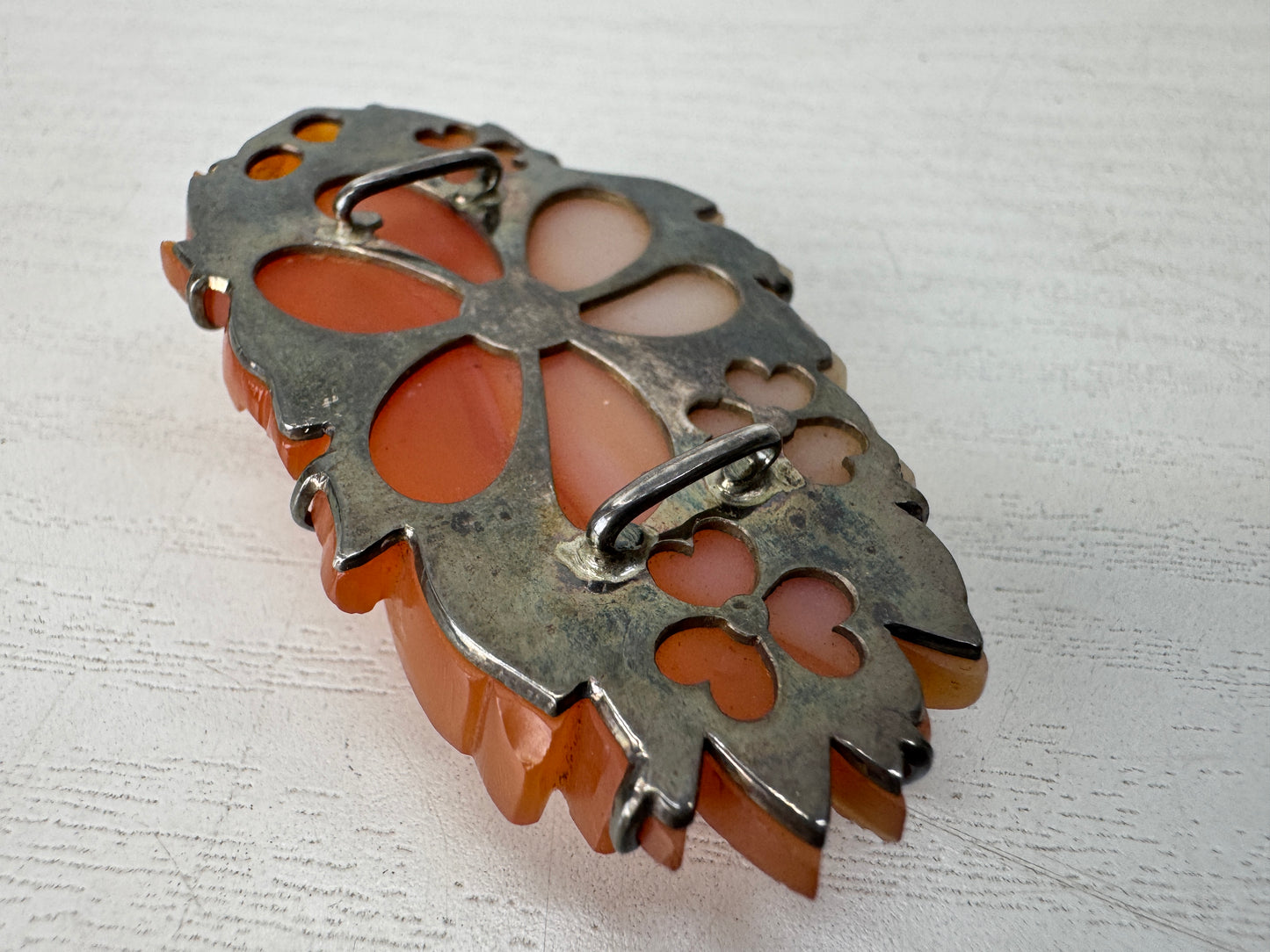 Y10443 OBIDOME Agate carving Sash clip brooch Flower Japan antique kimono pin