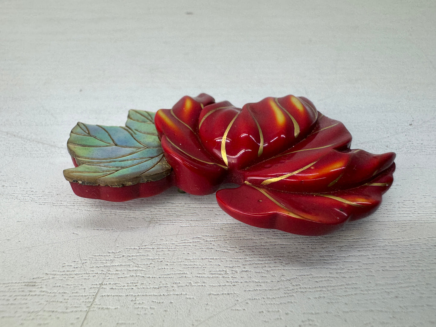 Y10444 OBIDOME Celluloid Sash clip brooch Leaf Raden Japan antique kimono pin