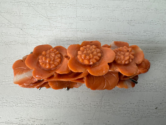 Y10445 OBIDOME Coral Sash clip brooch Flower carving Japan antique kimono pin