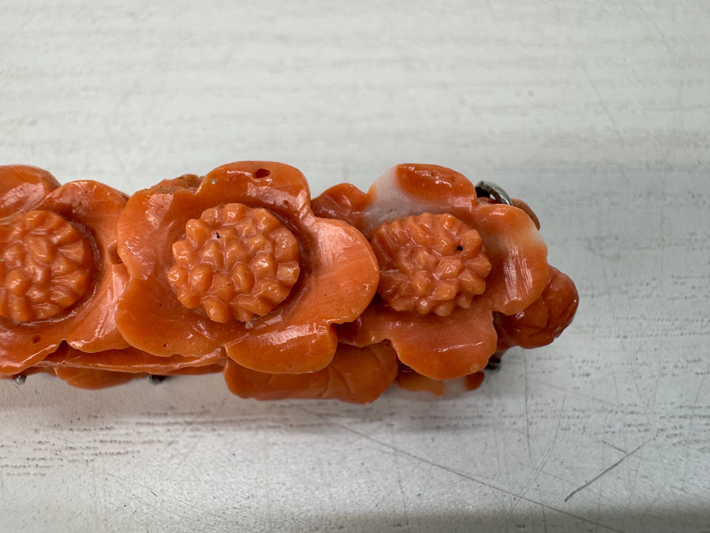 Y10445 OBIDOME Coral Sash clip brooch Flower carving Japan antique kimono pin