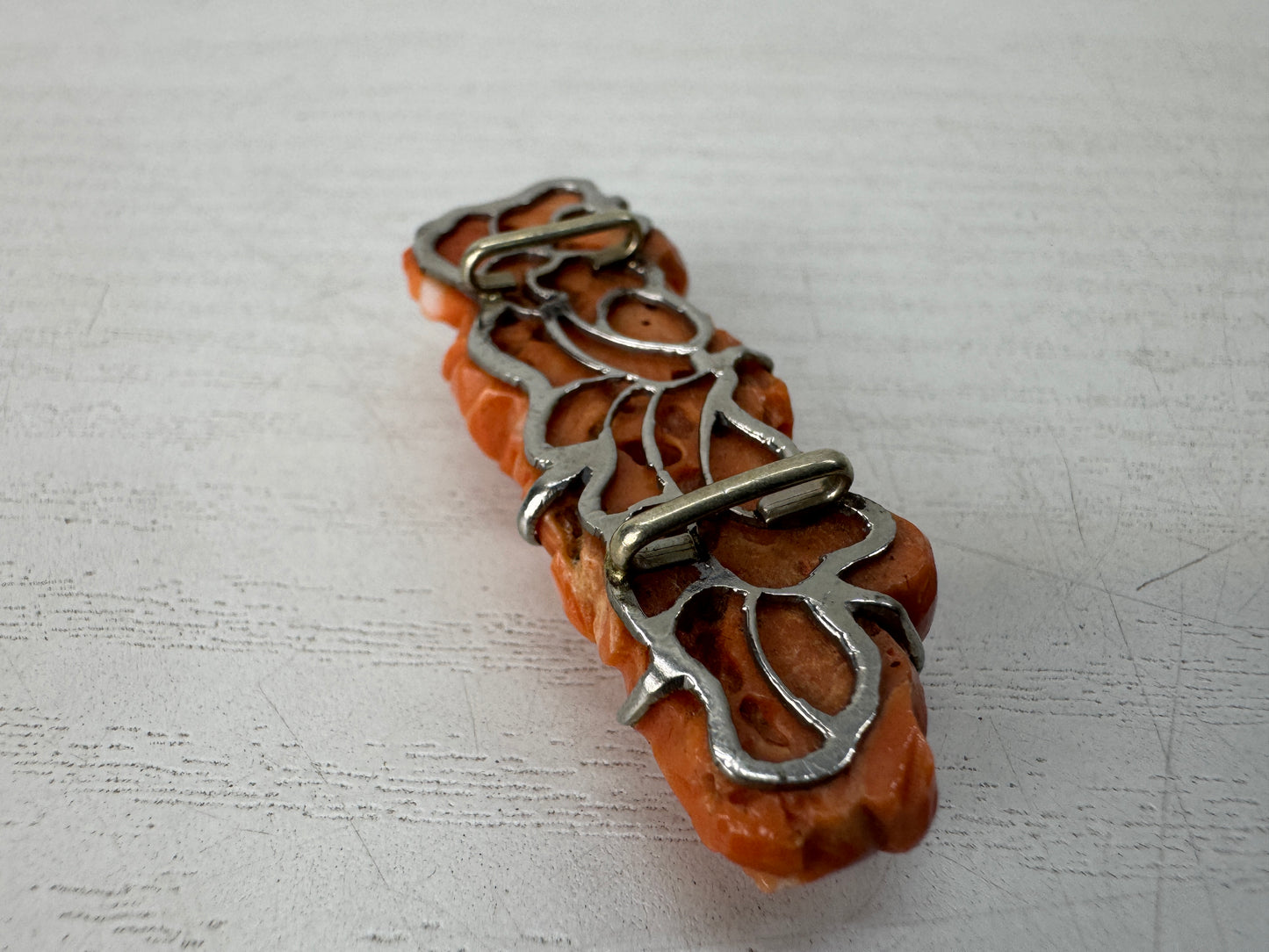 Y10445 OBIDOME Coral Sash clip brooch Flower carving Japan antique kimono pin
