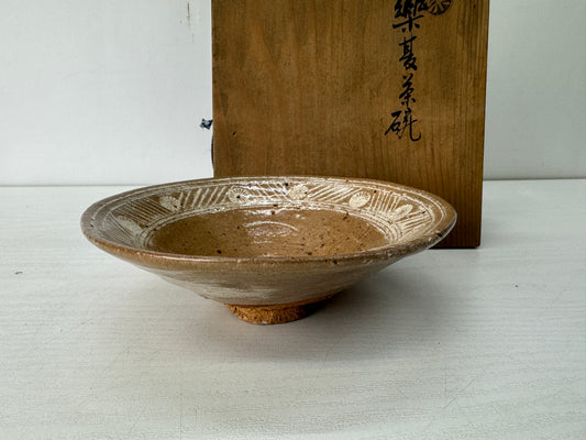 Y10454 CHAWAN Raku-ware Mishima flat bowl signed box Japan antique tea ceremony
