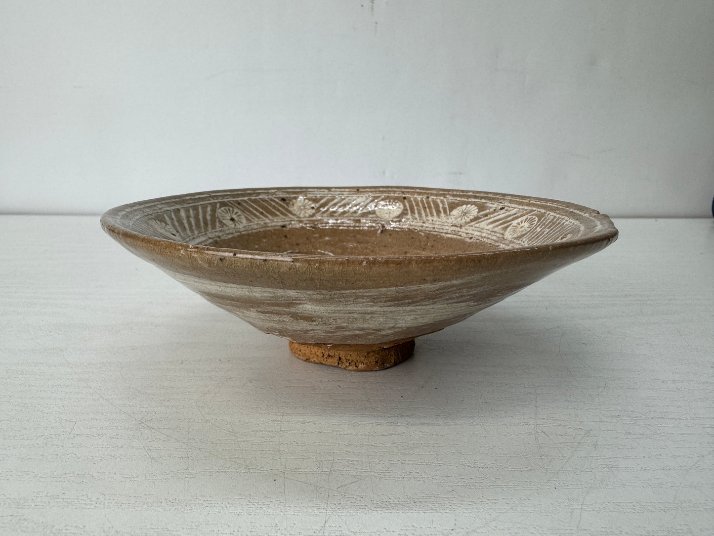 Y10454 CHAWAN Raku-ware Mishima flat bowl signed box Japan antique tea ceremony