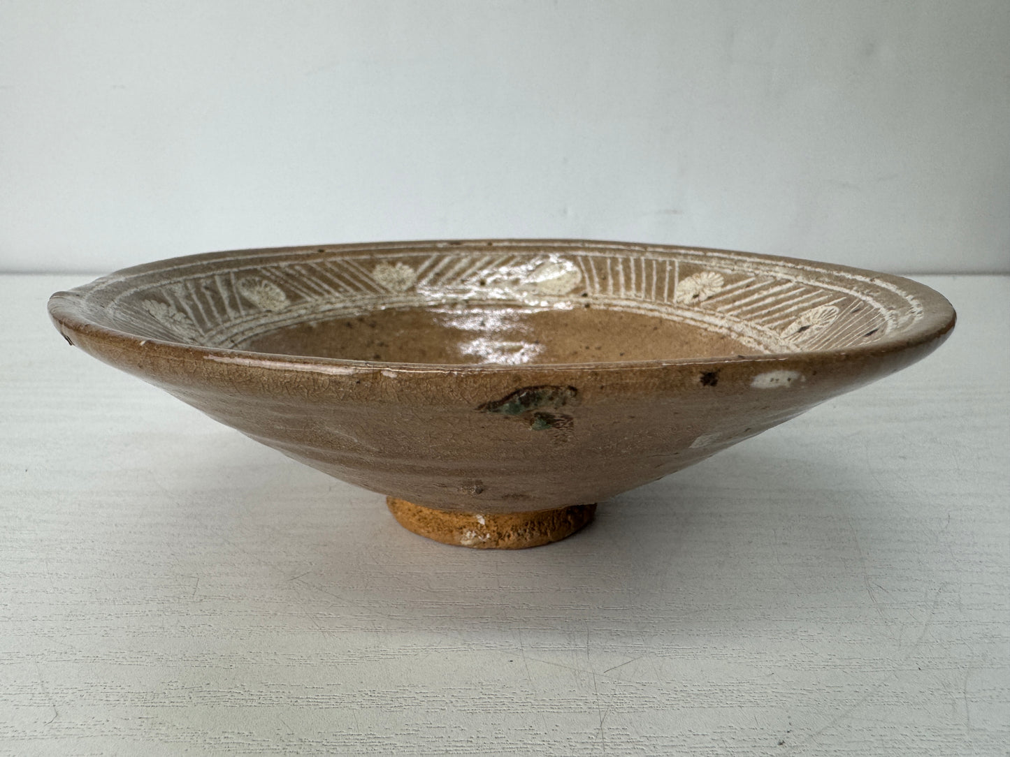 Y10454 CHAWAN Raku-ware Mishima flat bowl signed box Japan antique tea ceremony