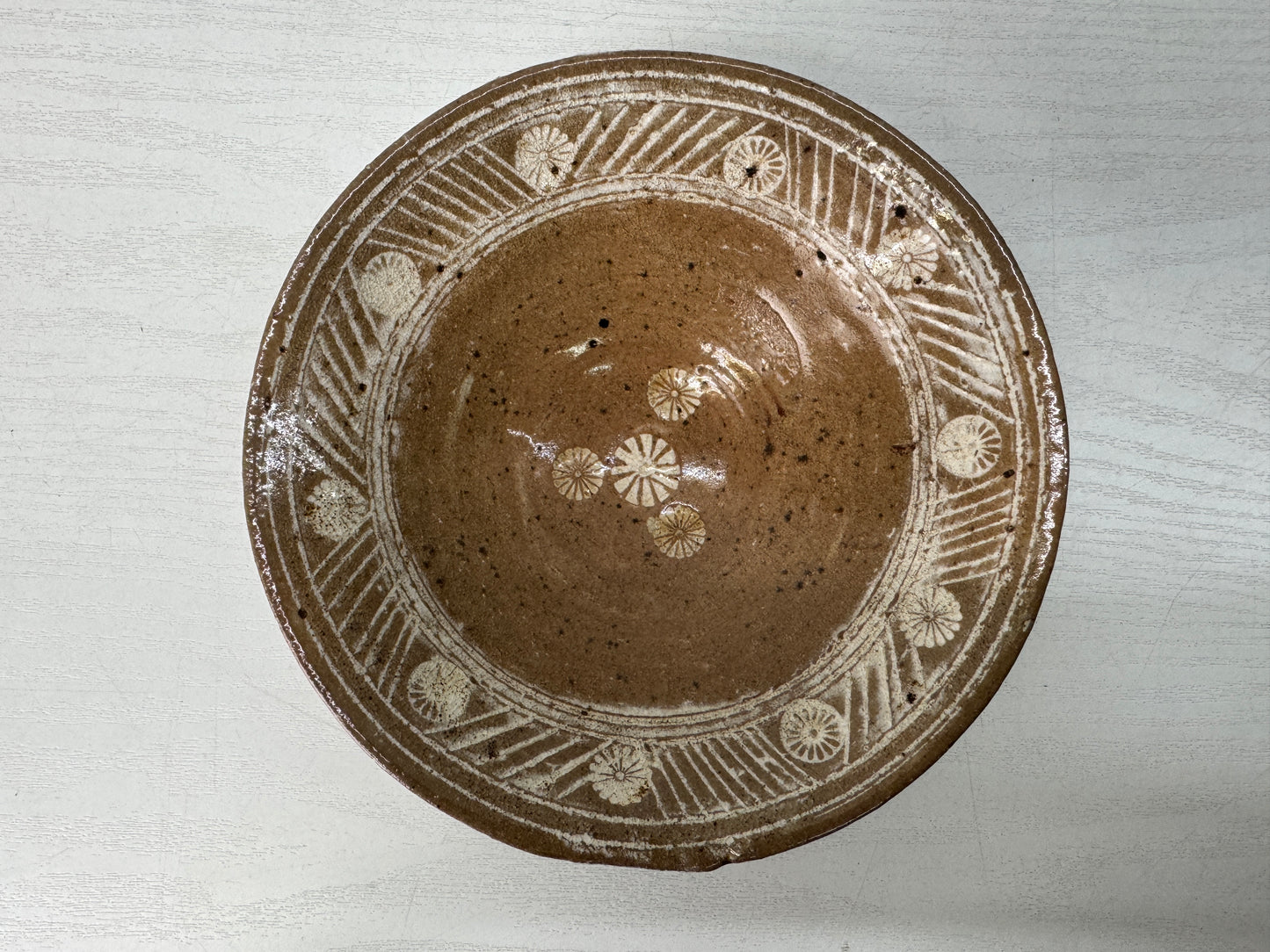 Y10454 CHAWAN Raku-ware Mishima flat bowl signed box Japan antique tea ceremony