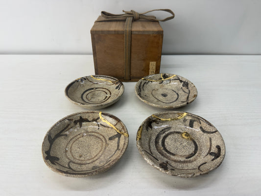 Y10456 DISH Shino-ware plate set of 4 kintsugi box Japan antique tableware