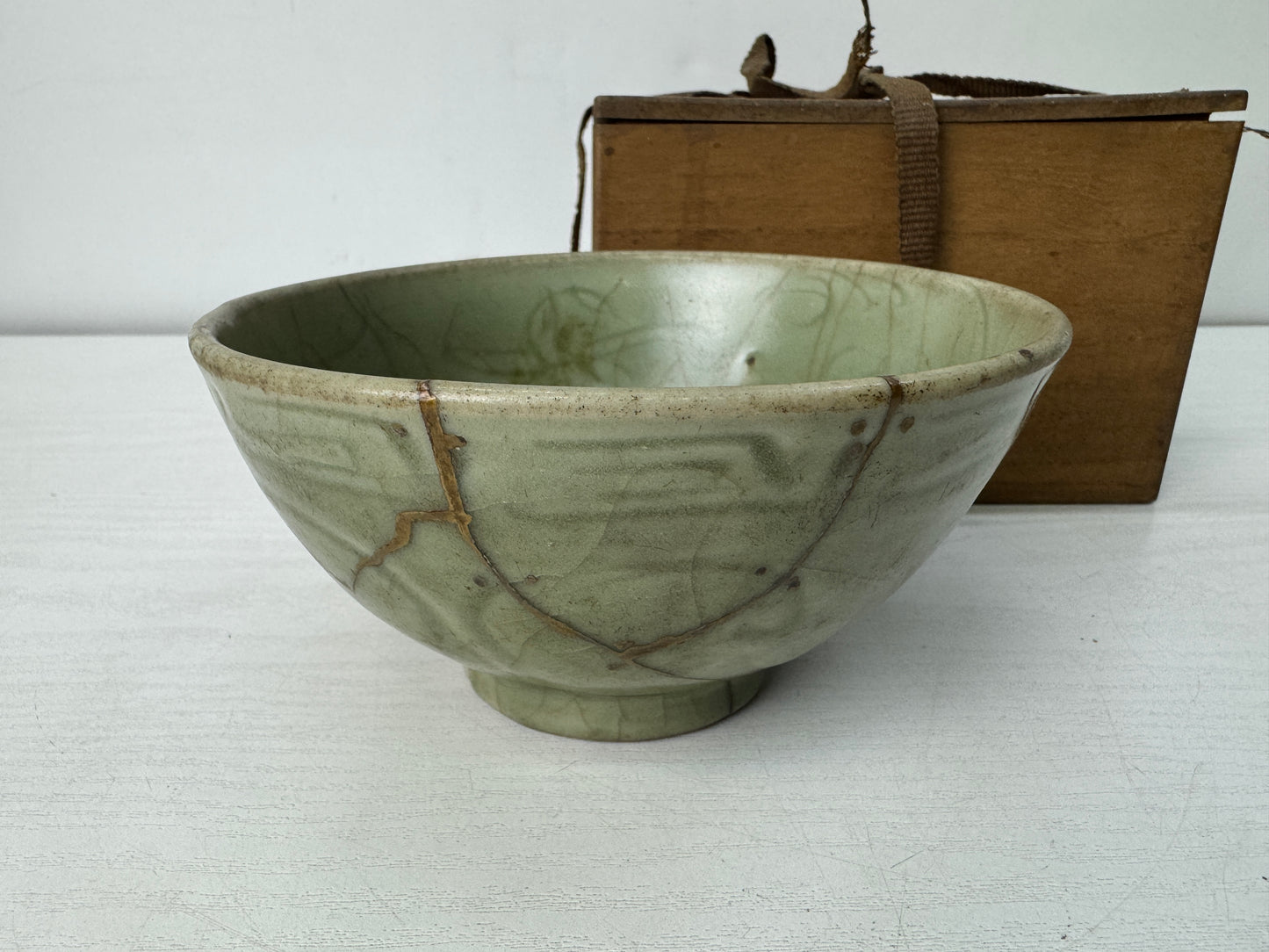 Y10460 CHAWAN Celadon bowl kintsugi box Chinese art China antique pottery pot